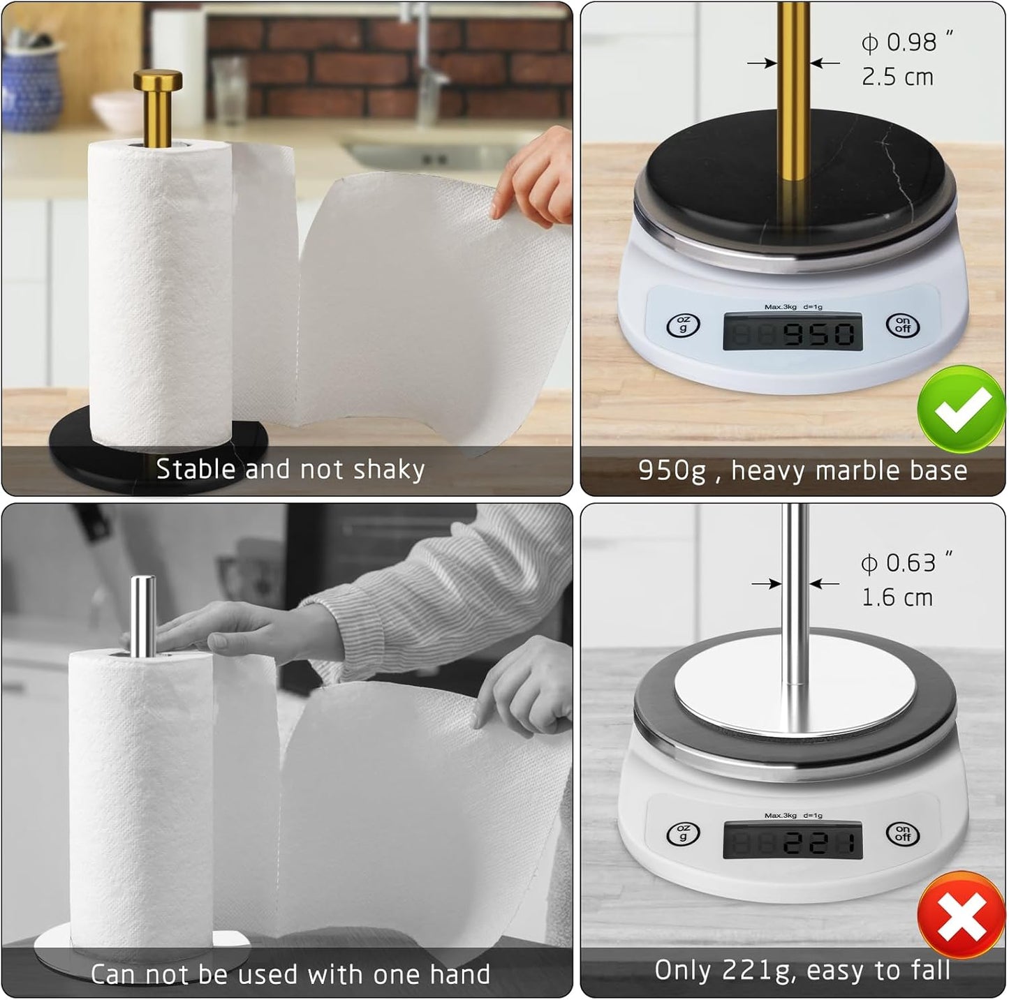 Paper Towel Holder Countertop with 7" Weighted Black Marble Base