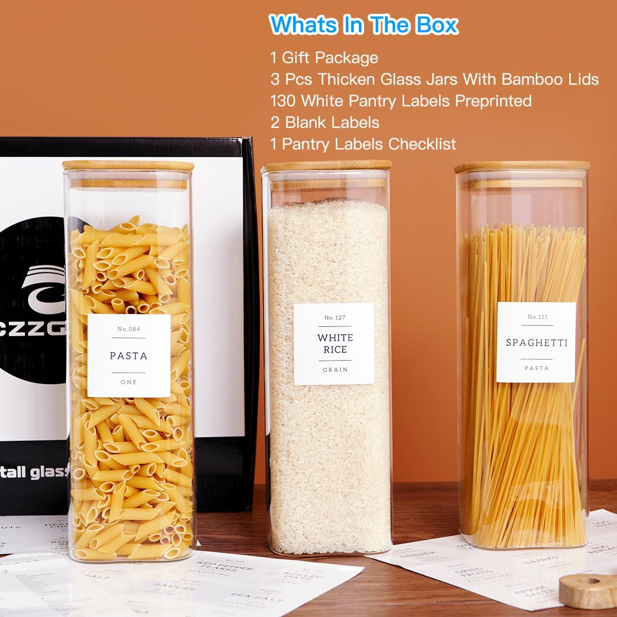 3 Pack Square Kitchen Storage Jars with Airtight Bamboo Lids and 132 Pantry Labels