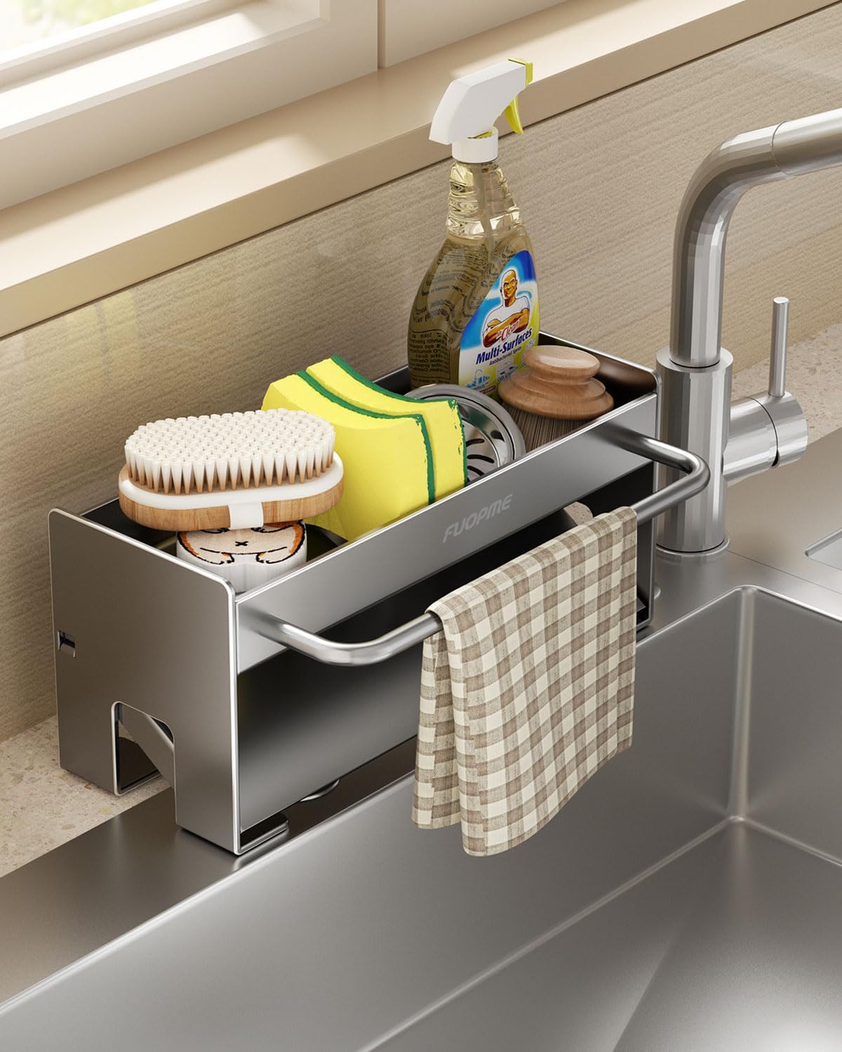 Kitchen Sink Organizer Sponge Holder:Sink Caddy with Dishrag Holder,Rustproof Carbon Steel with Auto-Drain,Dish Sponge & Soap Dispenser Towel Rack for Kitchen Countertop Storage, Grey