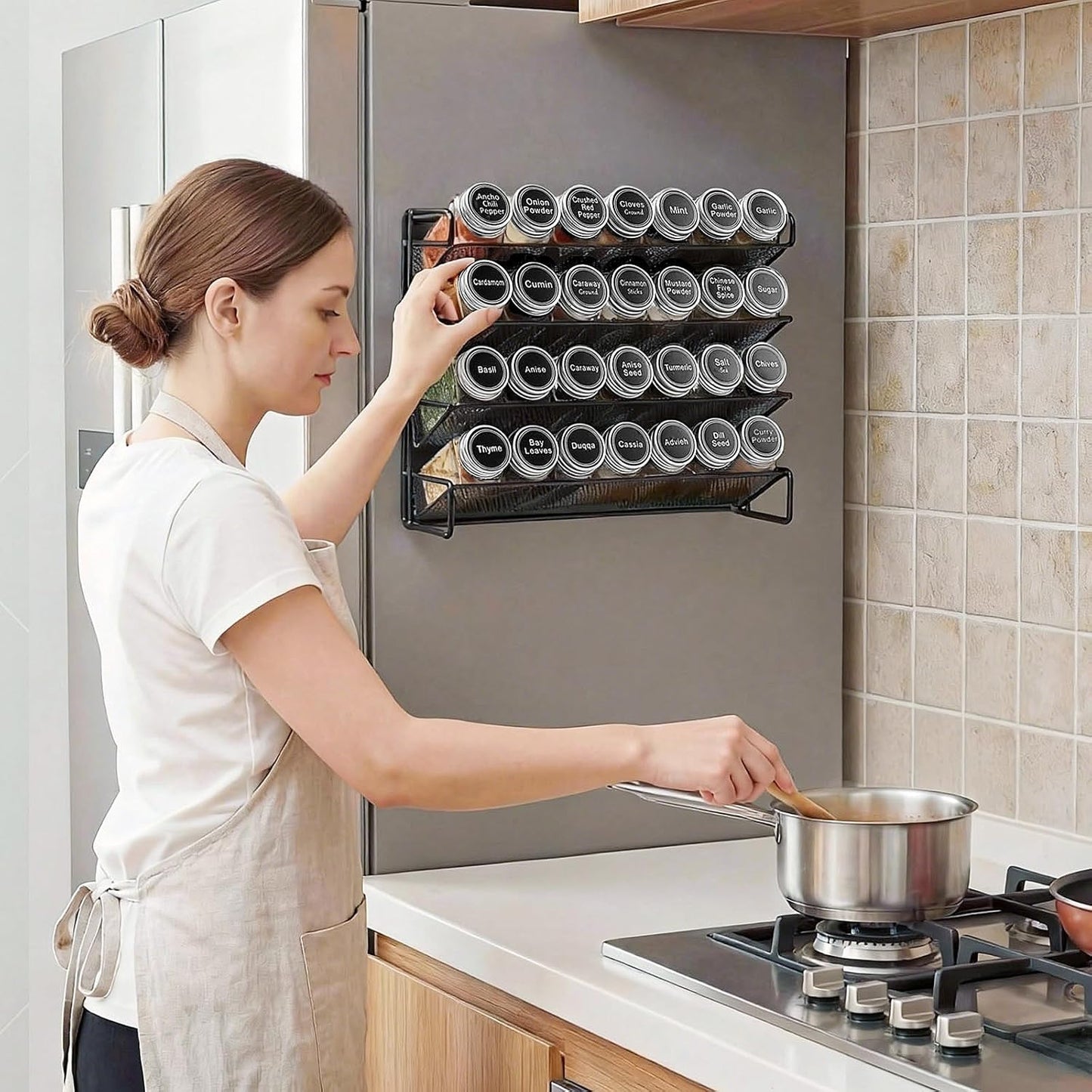 Magnetic Spice Rack Organizer for Refrigerator with 28 Spice Jars, 386 Spice Labels, 4 Hook
