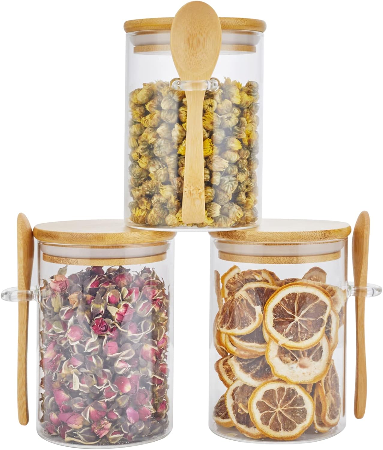 3 Pack Glass Containers Jars with Bamboo Airtight Lid and Spoon, 15Oz Glass Food Storage Canisters