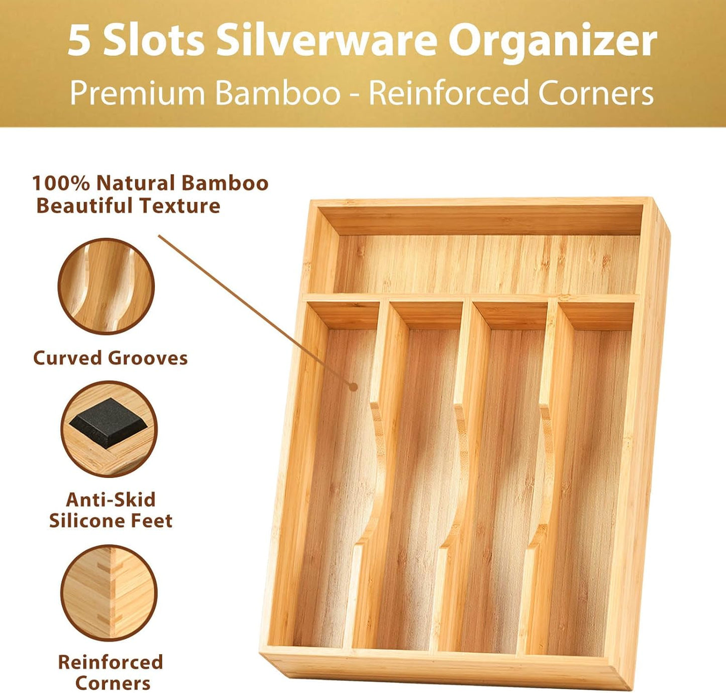 Bamboo Kitchen Drawer Organizer, 9 Inch Silverware Utensils Tray Holder for Small Drawer