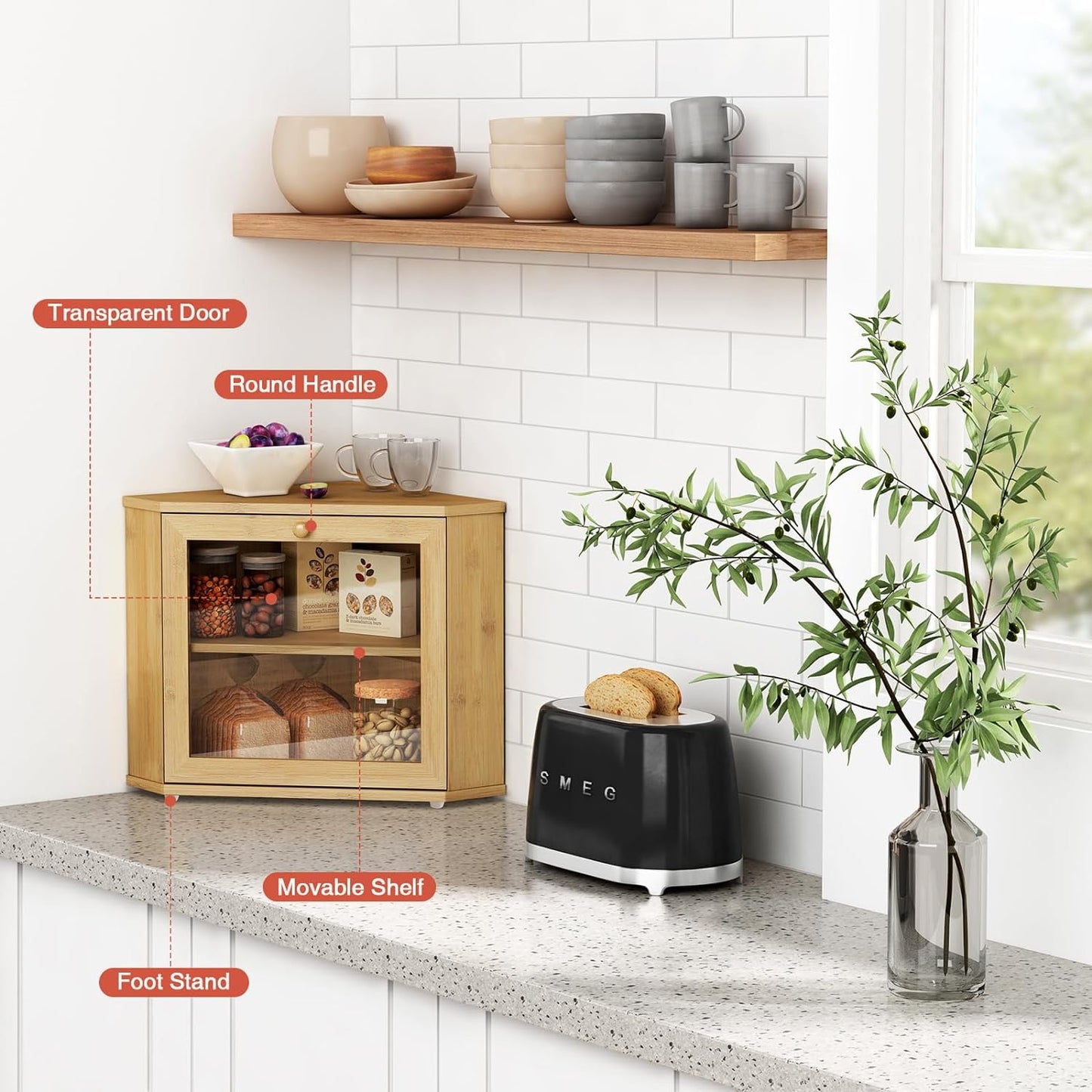 Bamboo Corner Bread Box for Kitchen Counter, 2 Tier Bread Keeper Wooden Round