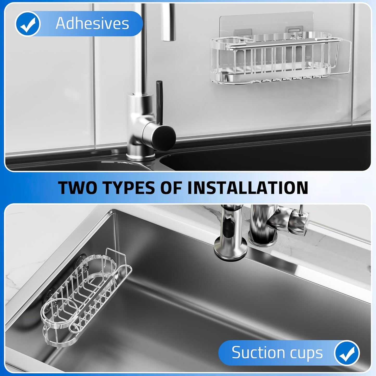 Kitchen Sink Caddy Sponge Holder in The Sink, Stainless Steel Kitchen Sink Organizer, Brush Holder