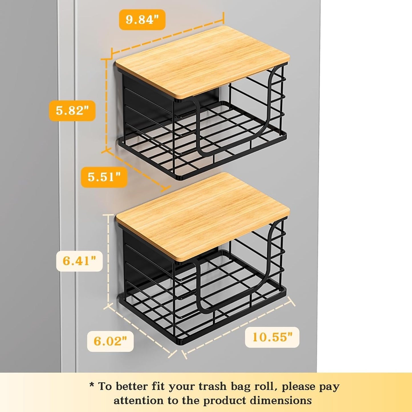 Magnetic Shelf for Fridge Trash Bag Organizer, 2 Pack Stackable Garbage Bag Holder with Bamboo Lid