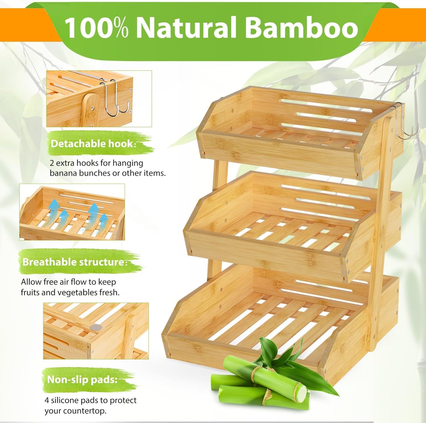 Bamboo Fruit Basket for Kitchen – 3 Tier Fruit Bowl For Kitchen Counter