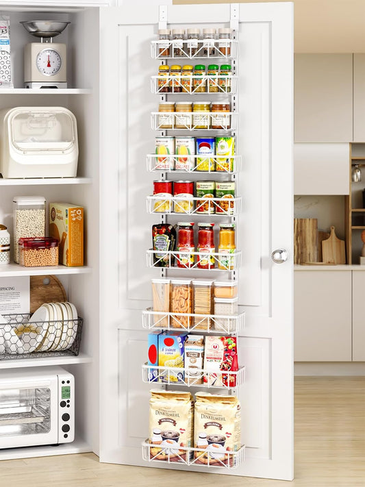 Narrow 9-Tier Over the Door Pantry Organizer, Adjustable Pantry Storage, Metal Hanging Spice Rack