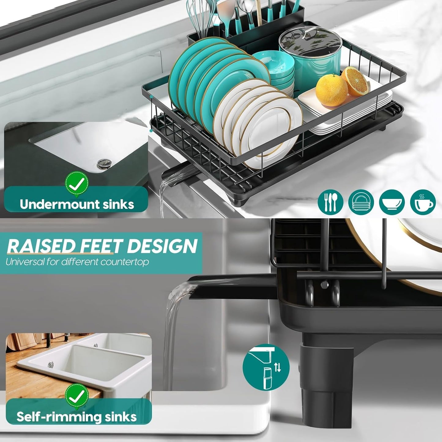 Dish Racks for Kitchen Counter, 2025 Upgrade Large Sink Dish Drying Rack with 3-Compartment Utensil Holder 16.8" D x 13" W x 5.71" H