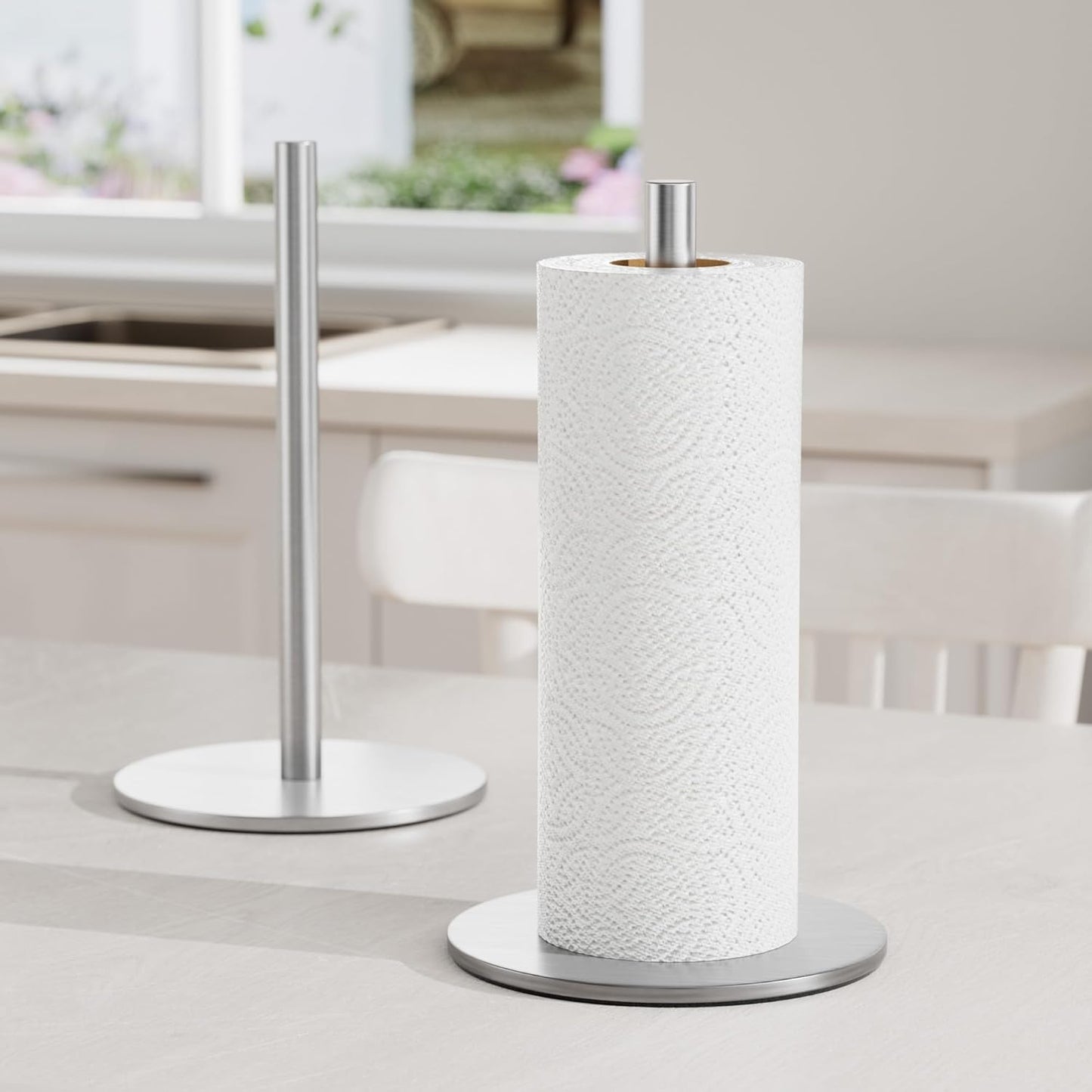 Silver Paper Towel Holder Free-Standing, Premium Stainless Steel Paper Rolls Organizer