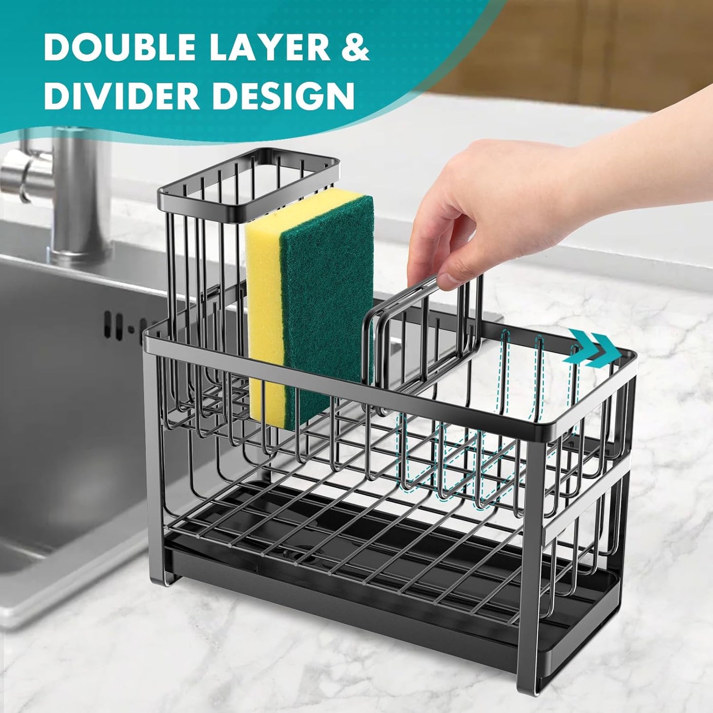 Kitchen Sponge Holder,Sink Caddy Organizer with High Brush Holder,Stainless Steel Sink Box Dish Scrubber Holder,Soap Tray for Kitchen Counter Accessories & Storage Rack(2 Tier - Black)