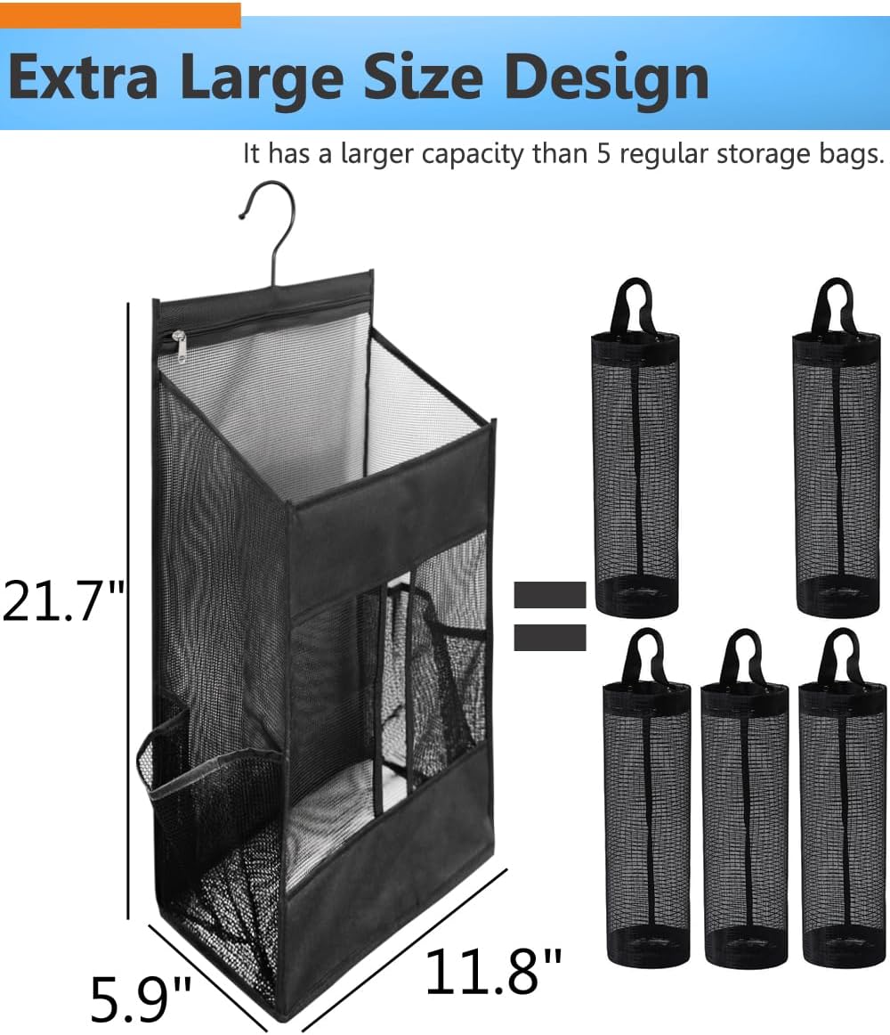 Hanging Plastic Grocery Bag Holder and Dispenser,Mesh Over the Cabinet Door Organizer with Easy-Access Openings for Kitchen Towel,Bras,Laundry,Installation Free(Black, 21.7"H * 11.8"W * 5.9"D)