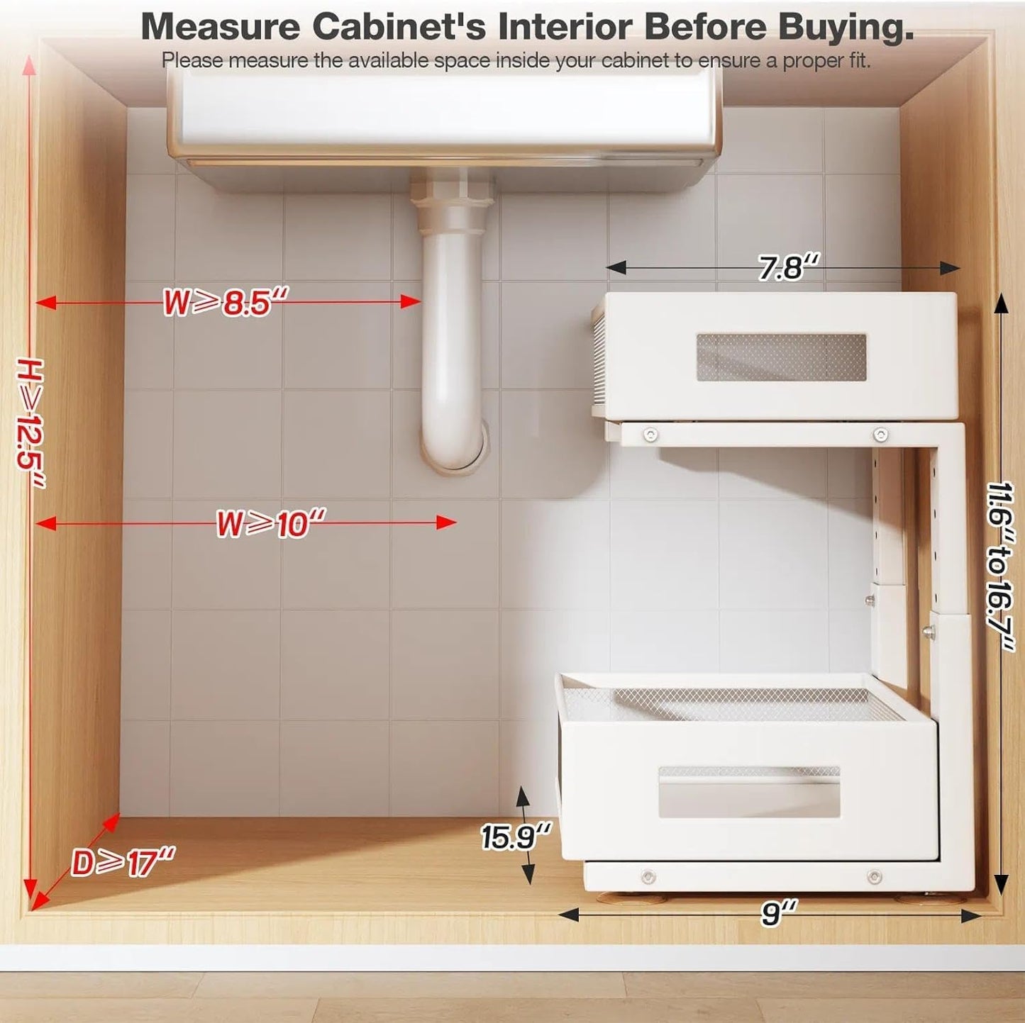 Under Sink Organizer, 2-Tier Dual Pull Out Cabinet Organizer Drawers With Smooth Circular Rail