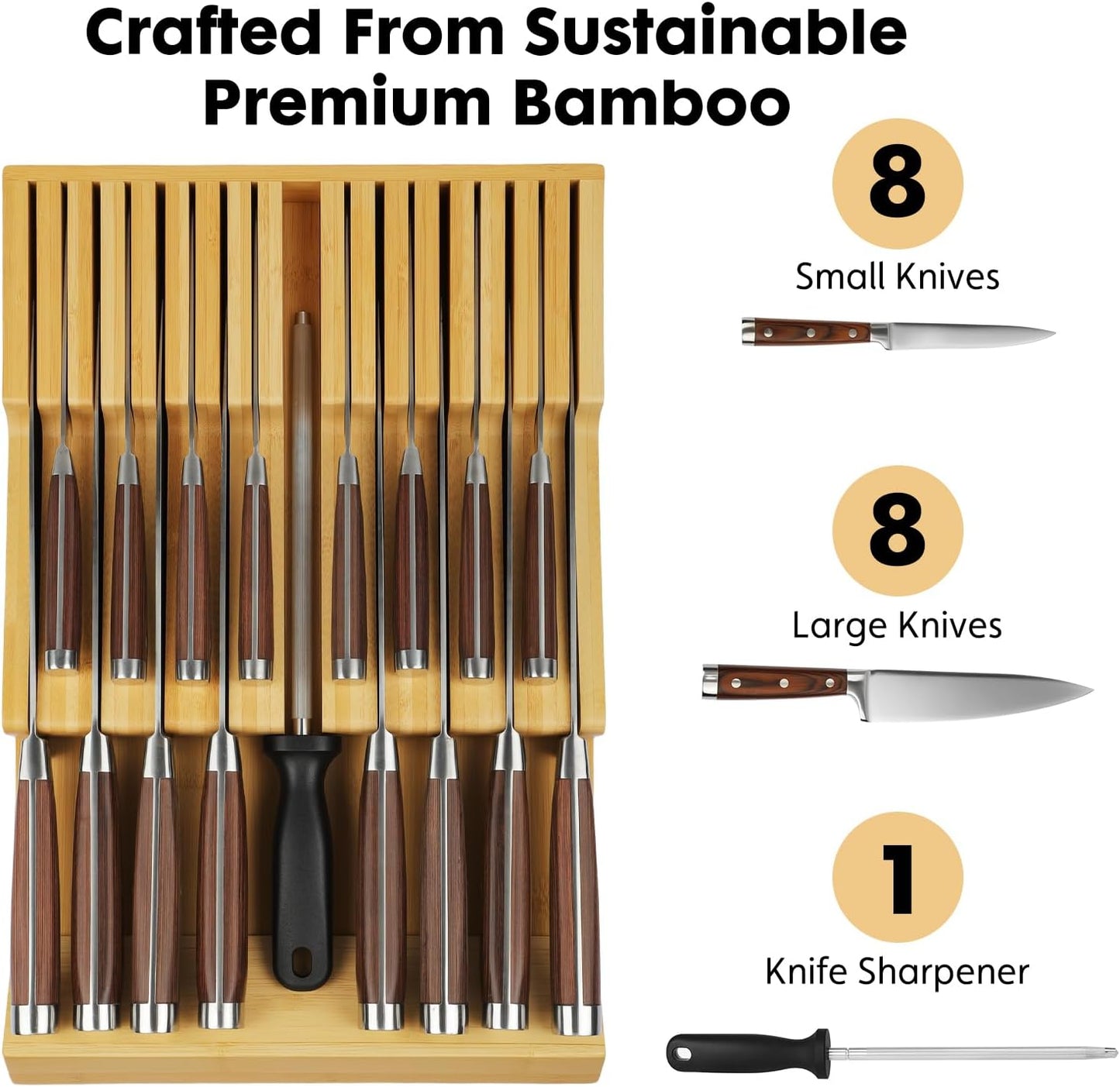 Bamboo Kitchen Drawer Knife Holder, In-drawer Knife Block