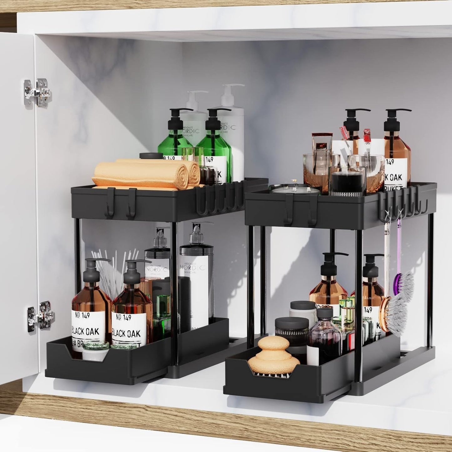 2 Pack black Under Sink Organizers and Storage, 2-Tier Sliding Cabinet Basket Organizer with Hooks