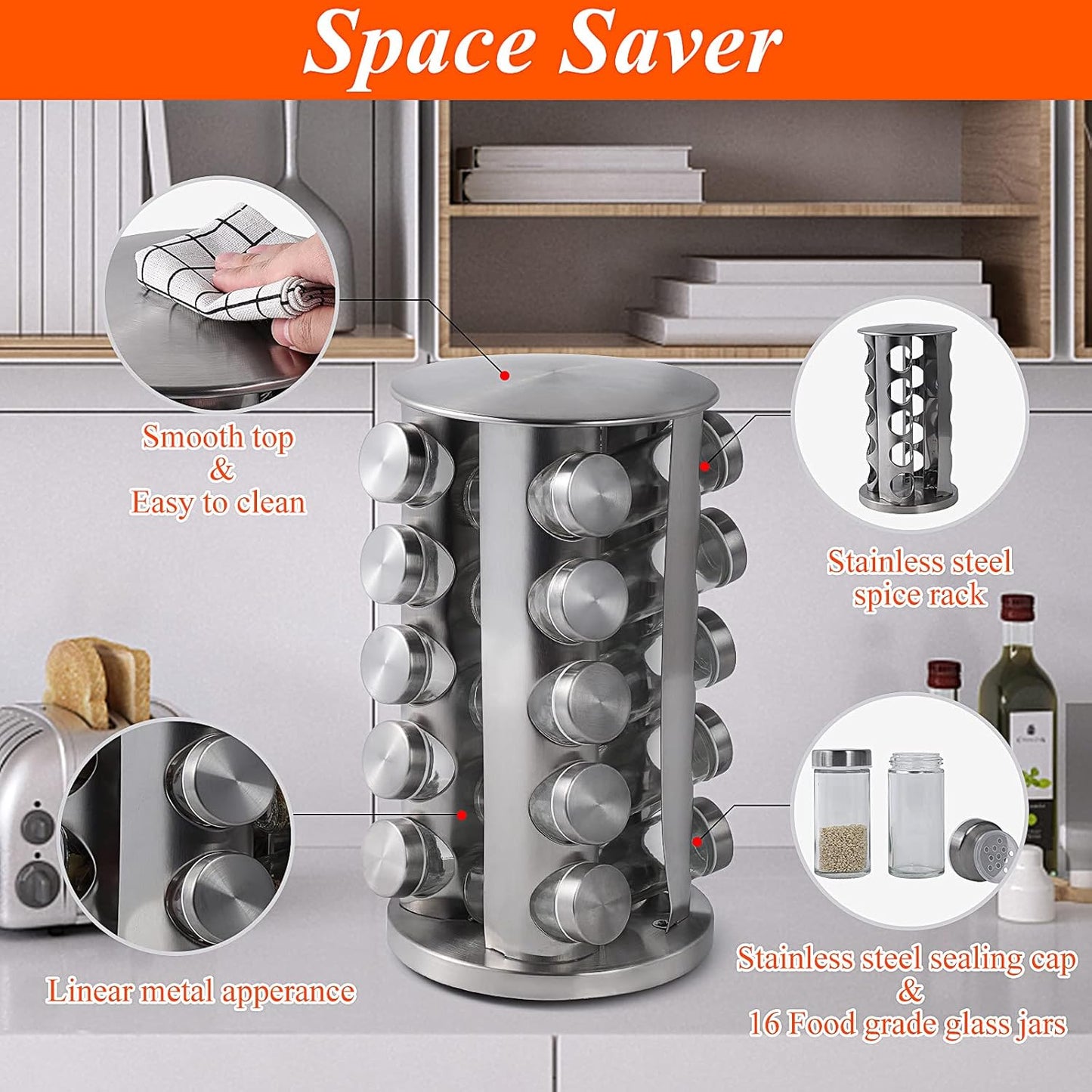 Revolving Spice Rack with 20 Jars, Rotating Spice Rack Organizer, Seasoning Organizer with Labels