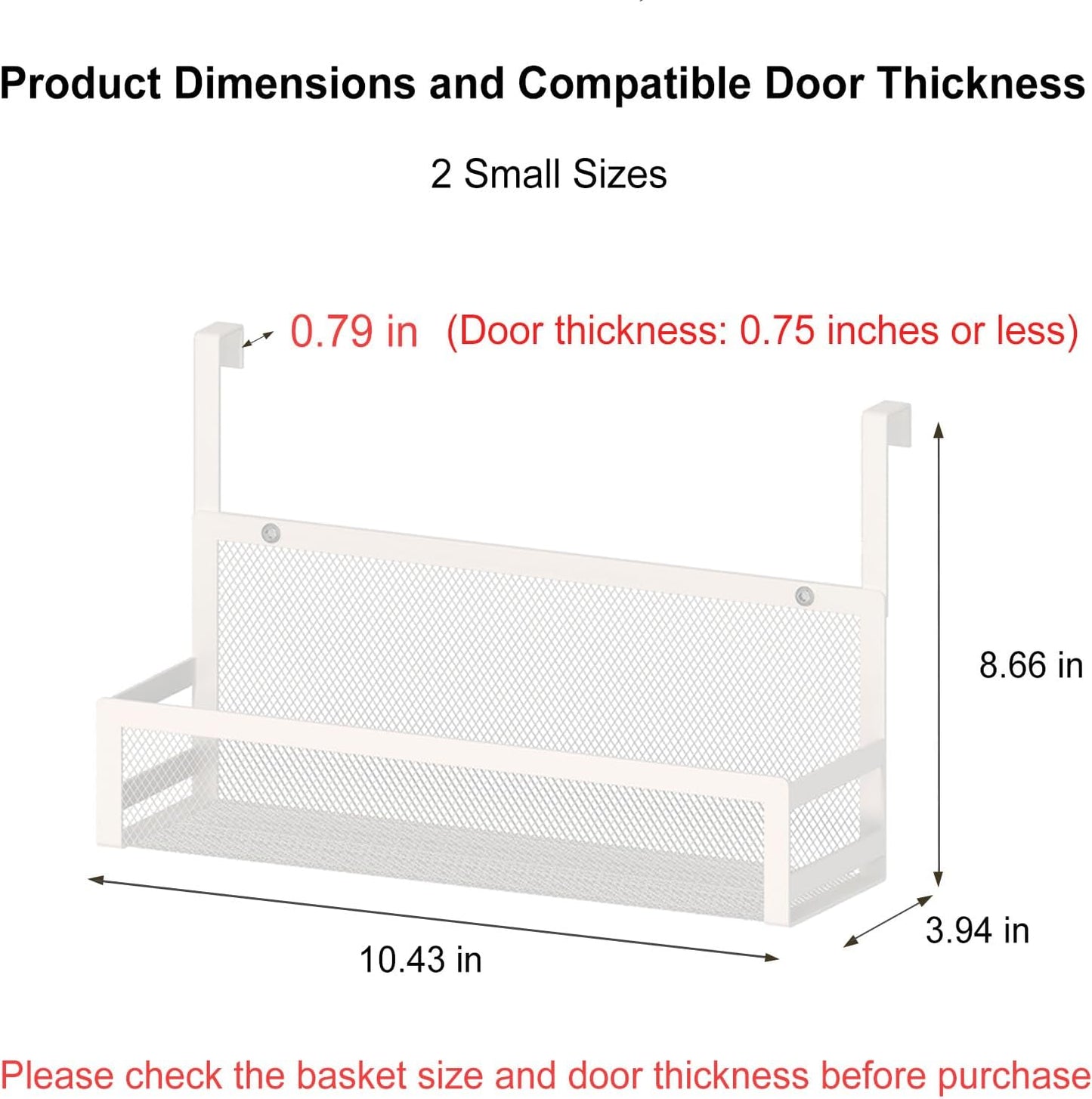 Hanging Kitchen Baskets Fine Mesh Wire Storage Basket Over Cabinet Door Organizer No Drilling Required for Kitchen Bathroom Office, Small, 2 Pack.
