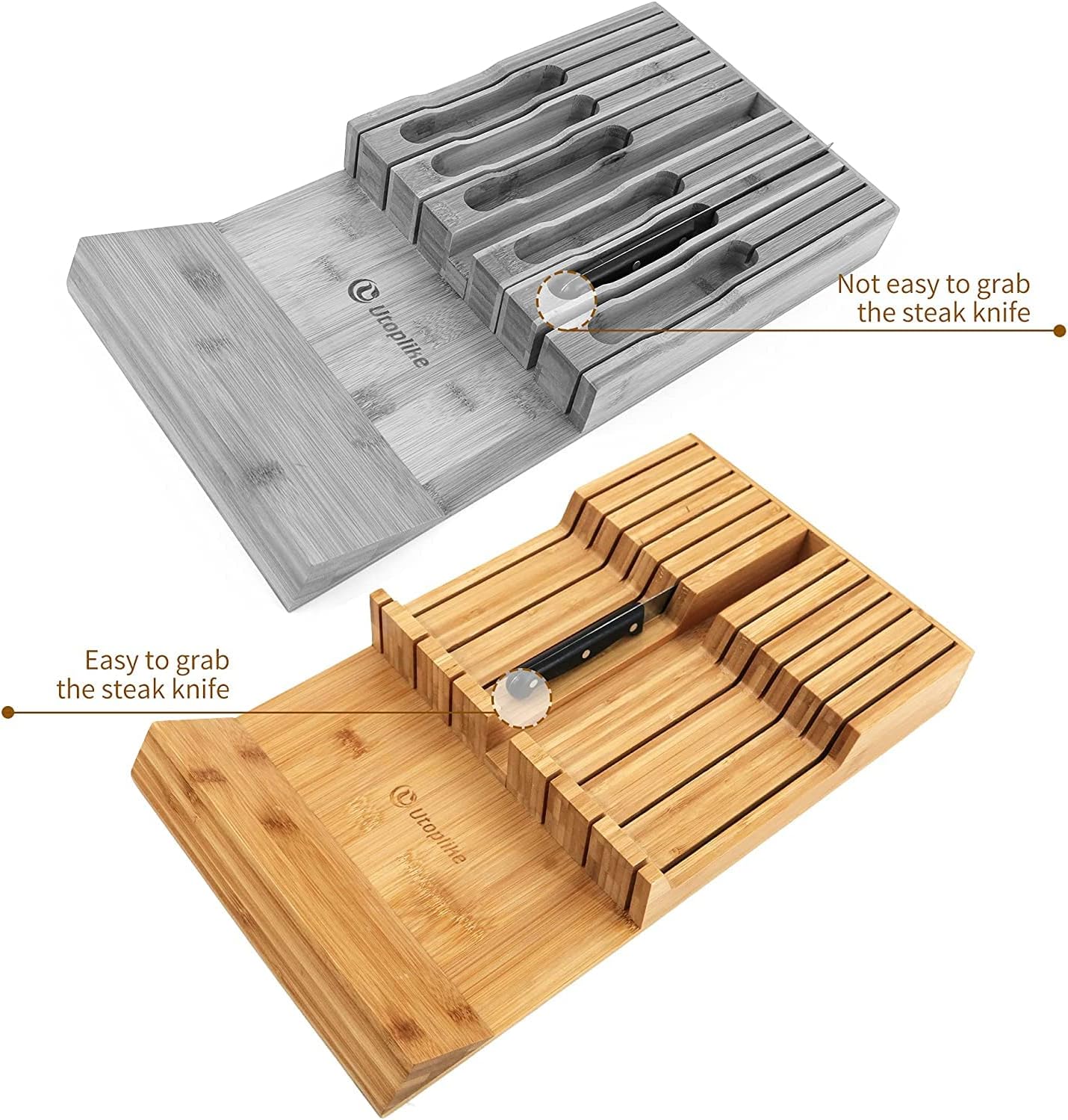 In-Drawer Knife Block Bamboo Kitchen Knife Drawer Organizer