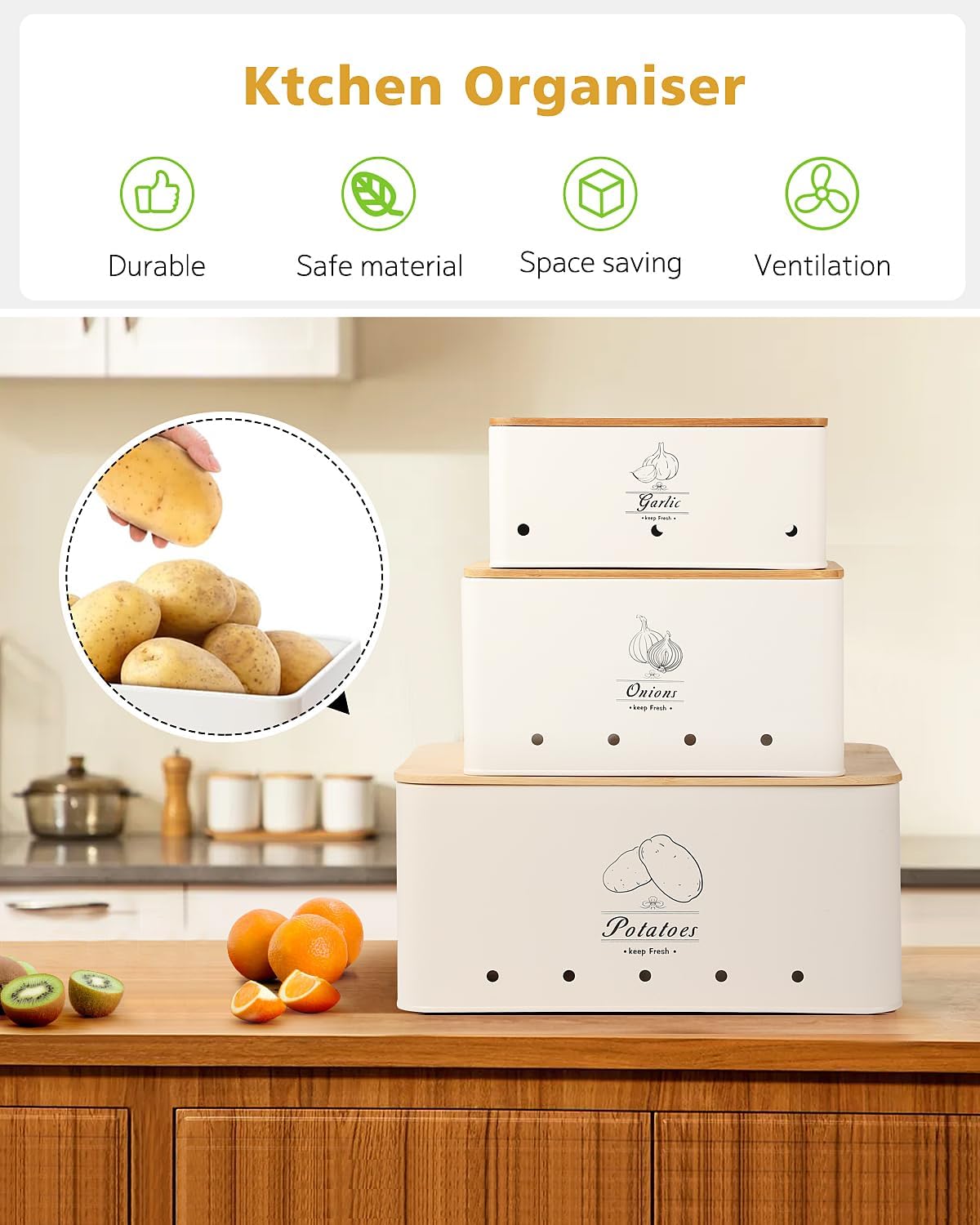 Kitchen Vegetable Storage Tins Set of 3 for Potatoes, Onion, Garlic