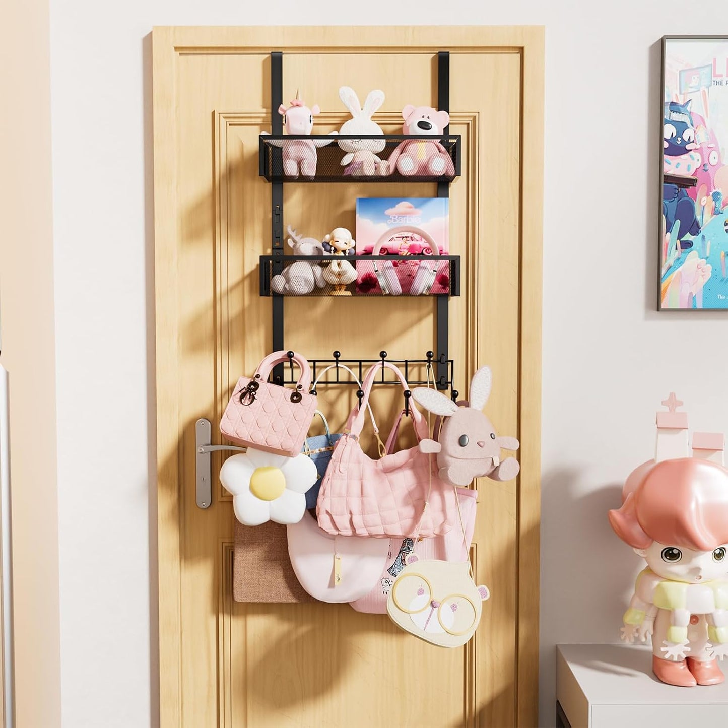 Over The Door Hooks Organizer - Extra Long Door Hanger with 9 Coat Hooks & 2 Mesh Basket