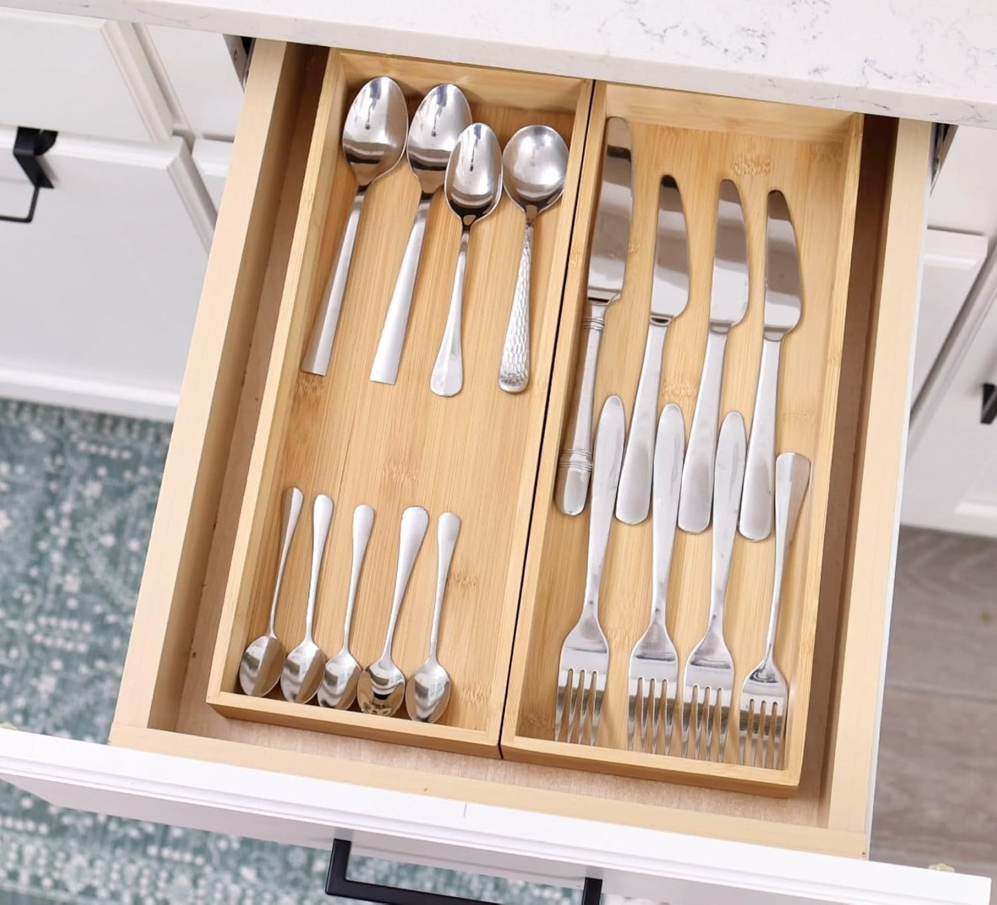 Kitchen Utensil Drawer Organizer, Bamboo Silverware Cutlery Flatware Organizer Bins