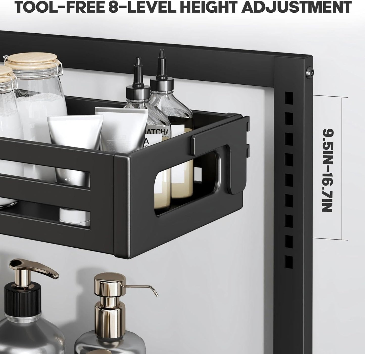 2 Pack Under Sink Organizer,Pull Out Cabinet Organizer with Smooth Cylindrical Rail,Metal Slide Out Drawer for Kitchen Bathroom Laundry Cabinet,8-Level Tool Free Height Adjustable-Black
