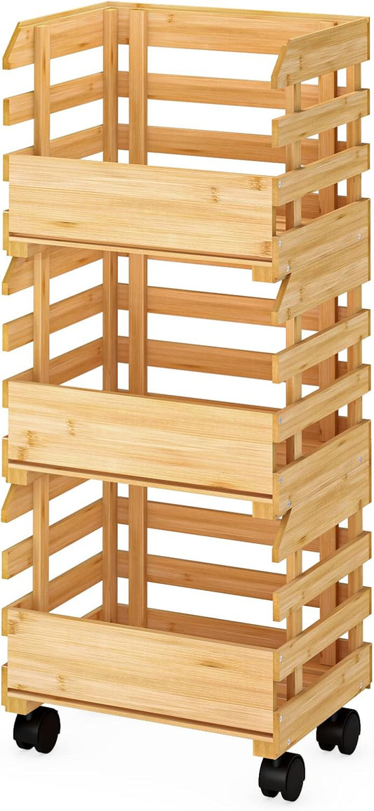 Bamboo Fruit Basket Stand, Potato and Onion Storage Cart, 3-Tier Fruit Basket with Wheels