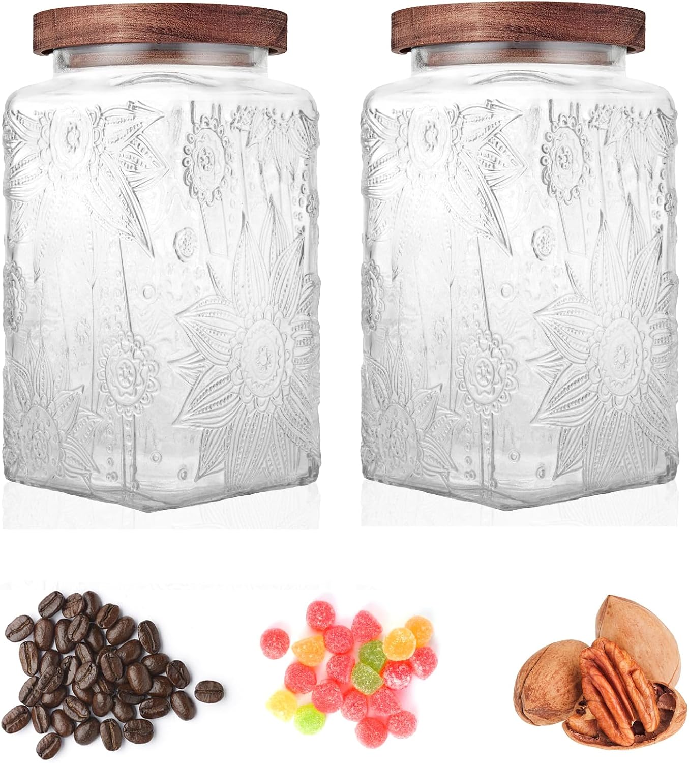 Glass Storage Jars With Airtight Lid, 35oz Container For Kitchen Counter with Wood Lid
