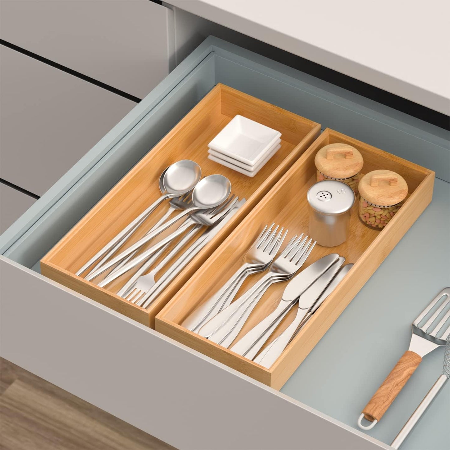 Bamboo Drawer Organizer, Stackable Utensil Organizer for Kitchen