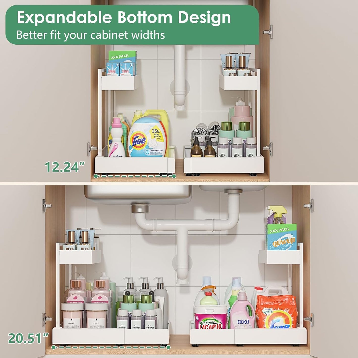 Expandable Under Sink Organizers and Storage, 2 Tier Under Cabinet Organizer