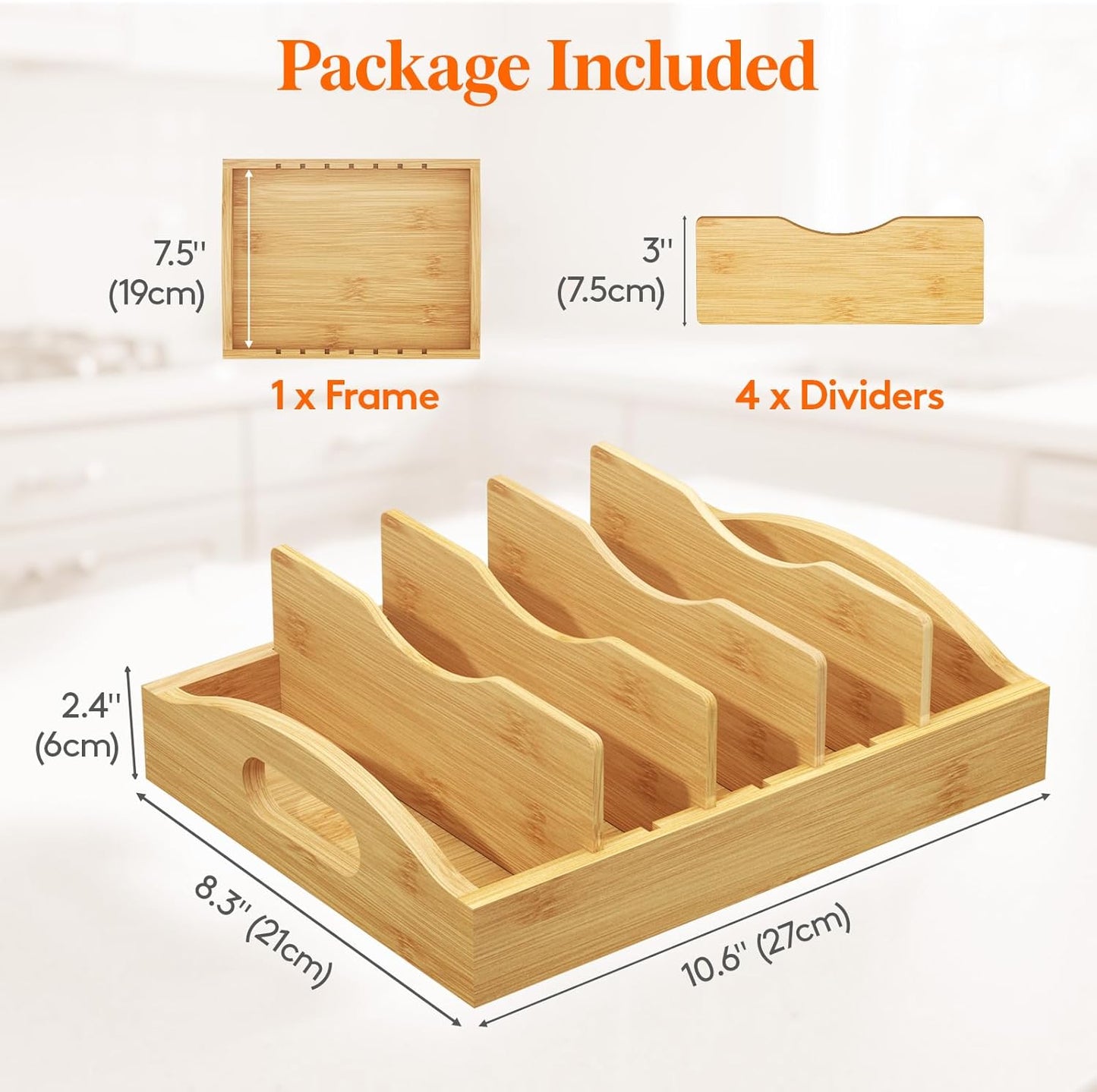 Bamboo Lid Organizers for Inside Cabinet, Food Storage Container Lid Holder with 4 adjustable Inserts & 5 Sections, Kitchen Pantry organizer and storage, 10.6" X 8.3"