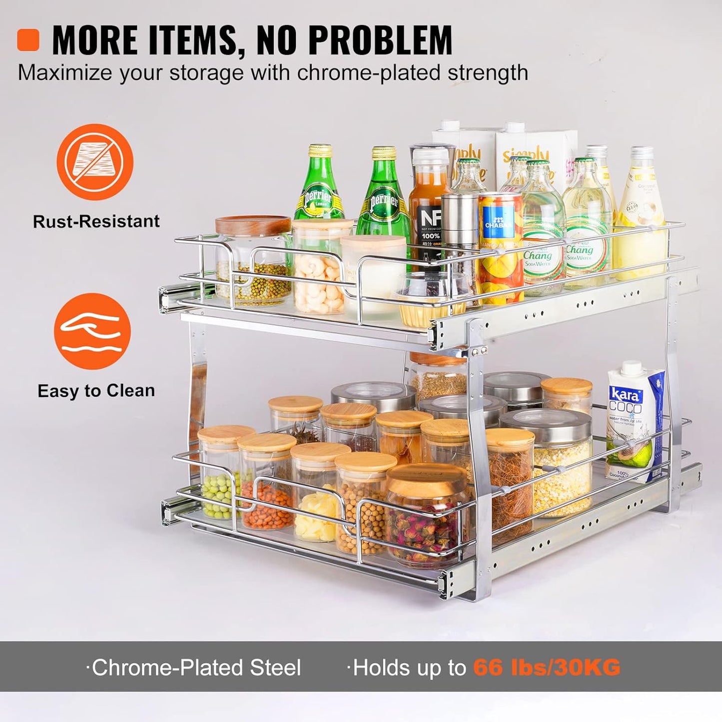 2 Tier 20"Wx21.2"Dx15.2"HPull Out Cabinet Organizer, Heavy Duty Slide Out Pantry Shelves