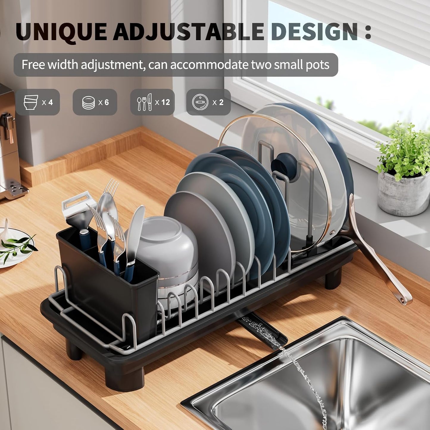 Small Dish Drying Rack with Removable Utensil Holder & Anti-Scratch Base