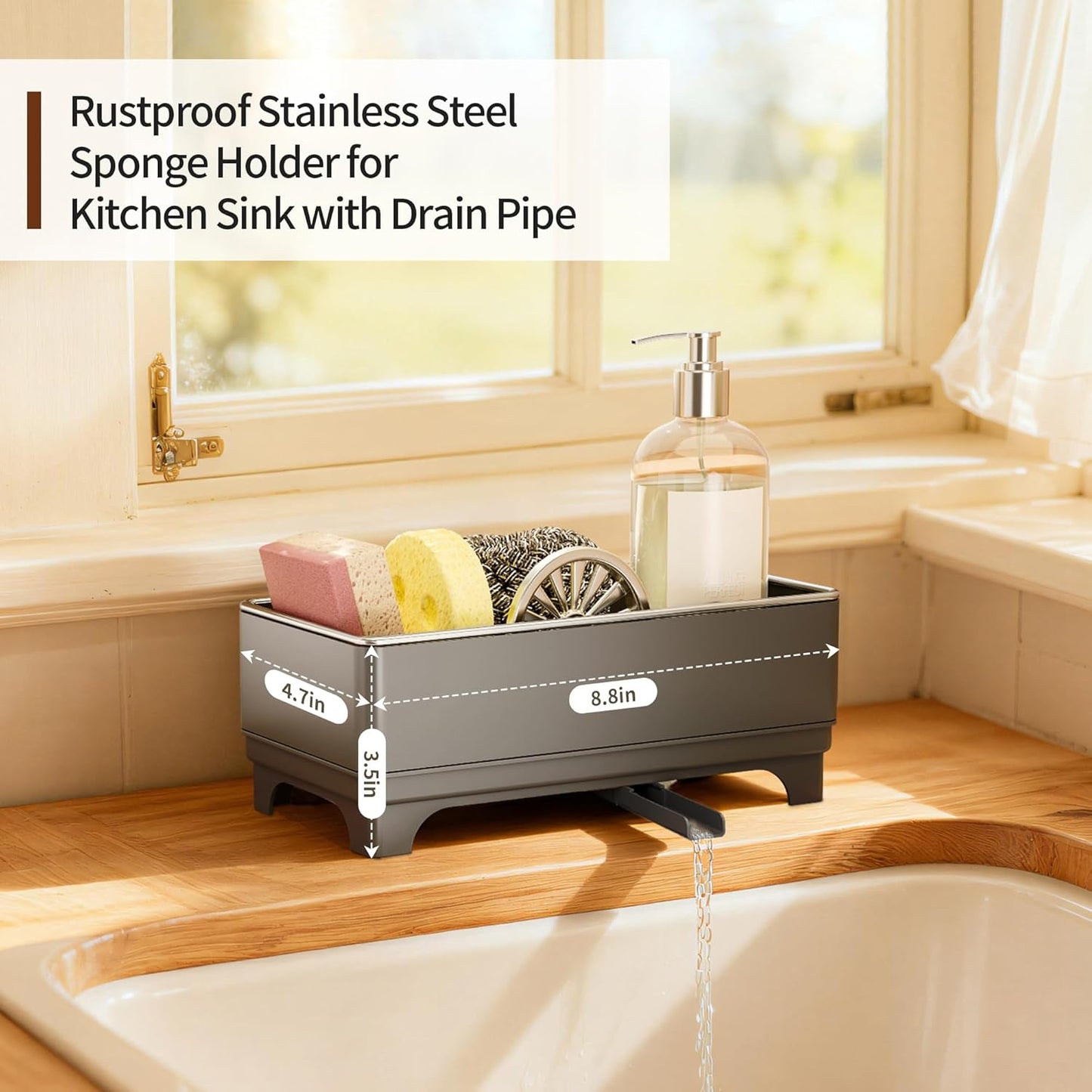 Sponge Holder for Kitchen Sink – Rustproof Stainless Steel, 360° Rotating Drain Pipe