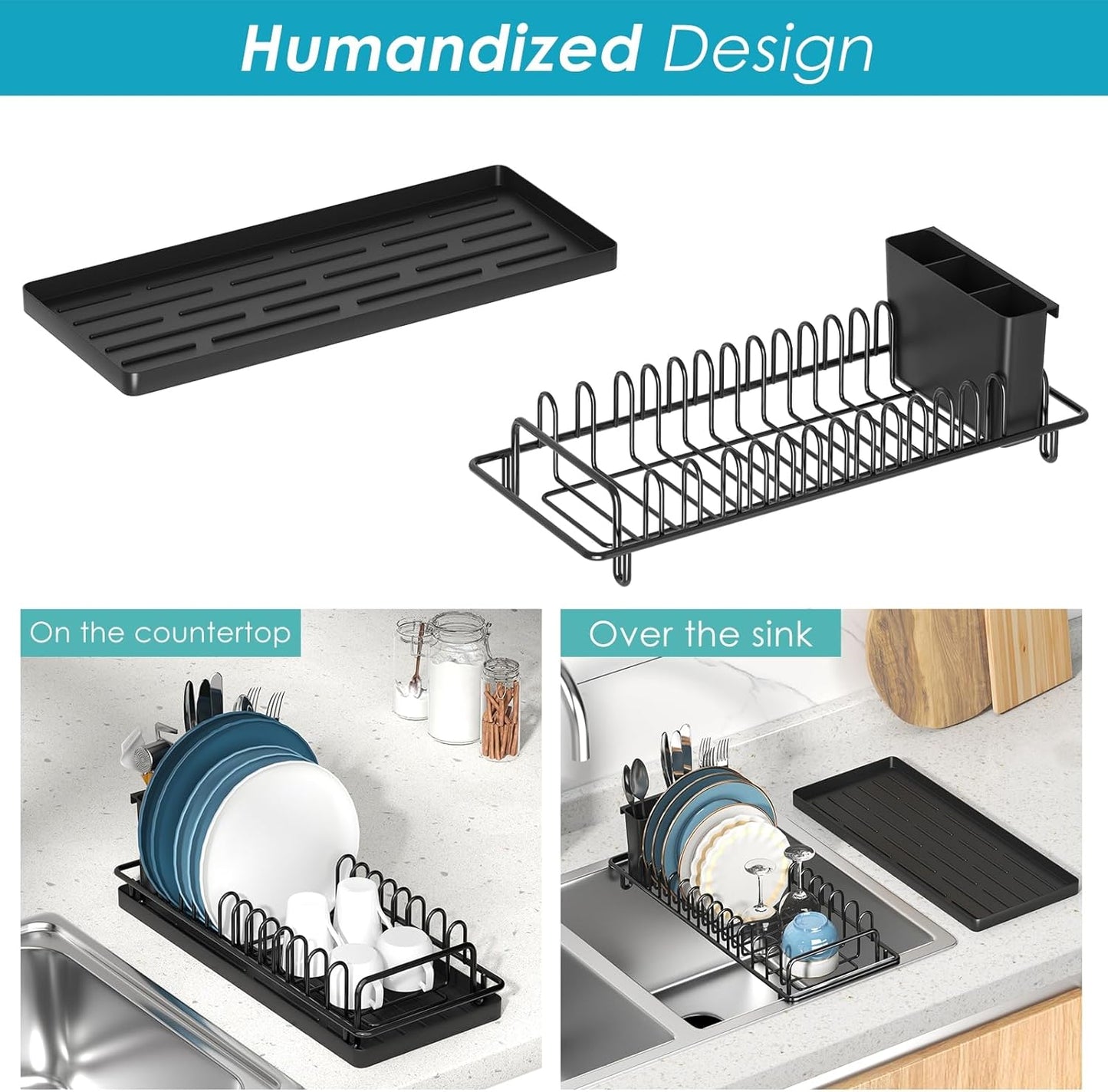 Small Dish Drying Rack, Compact Dish Rack with Silicone Tray and Caddy