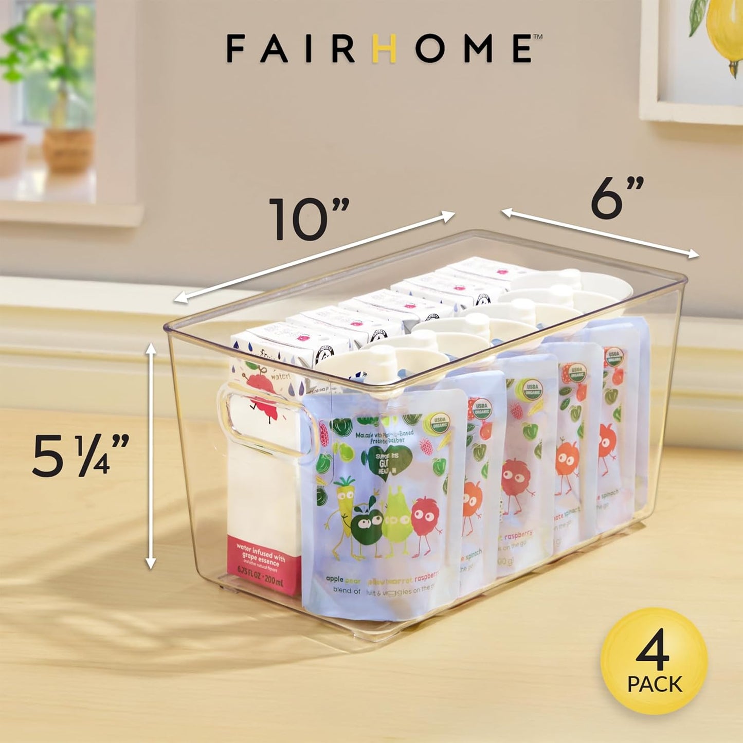 Set of 4 Clear Plastic Storage Bins With Handles, Containers To Organize Pantry, Fridge, Cabinet