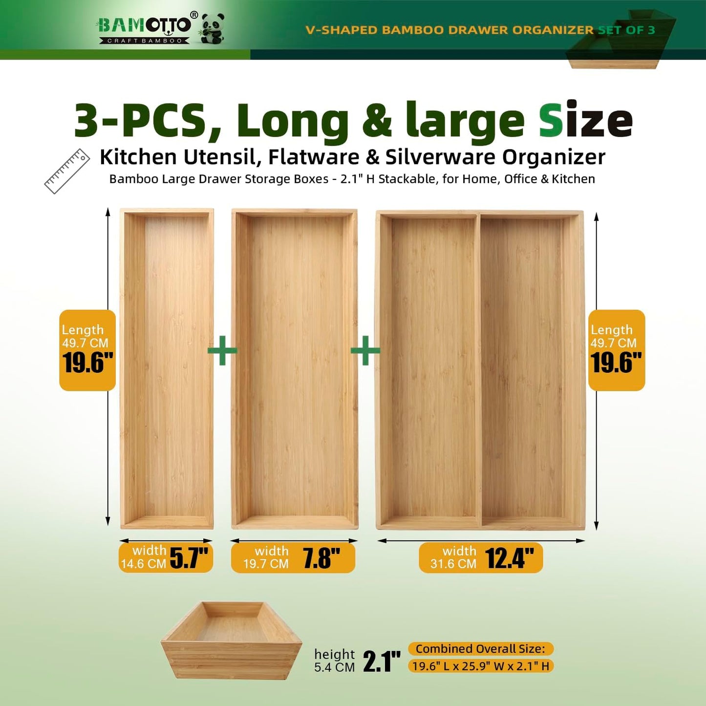V-Shaped 3-Pack 19.6" Long Bamboo Drawer Organizer Box