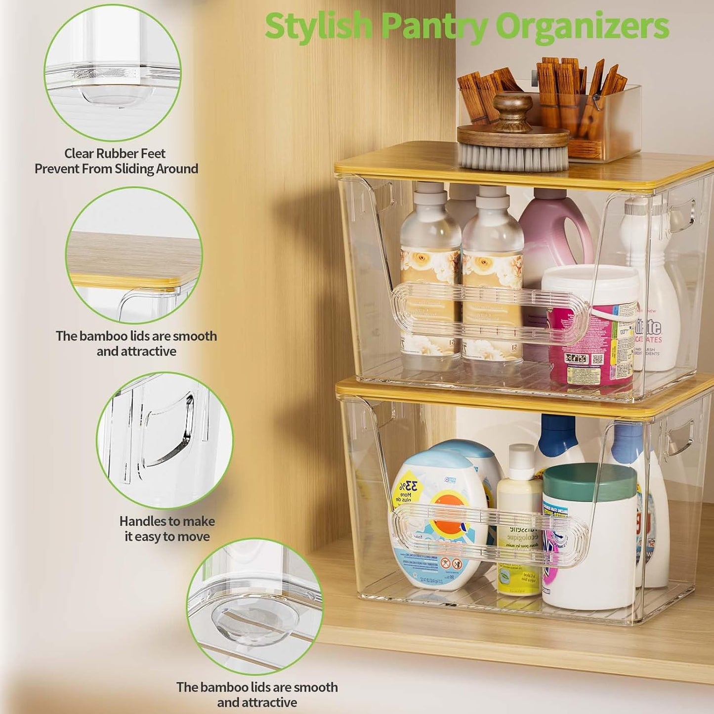 2 Set Pantry Organizers and Storage, Trash Bag Dispenser with Bamboo Top