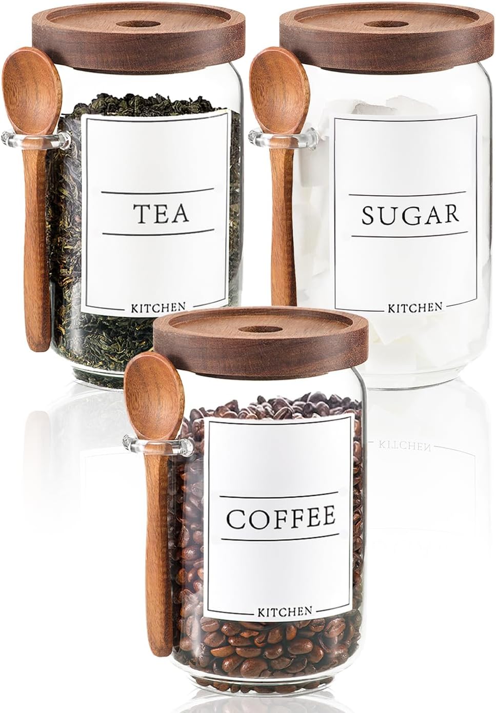 Coffee and Sugar Container Set, Glass Coffee Jars with Wooden Lids and Scoops