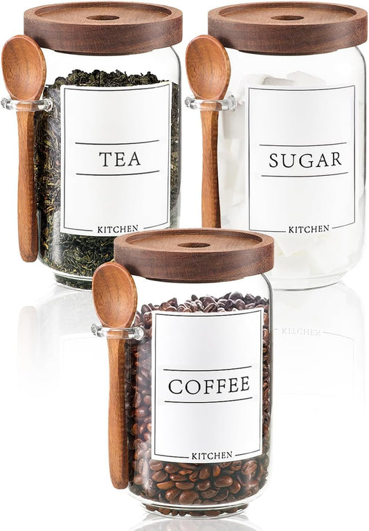 Coffee and Sugar Container Set, Glass Coffee Jars with Wooden Lids and Scoops
