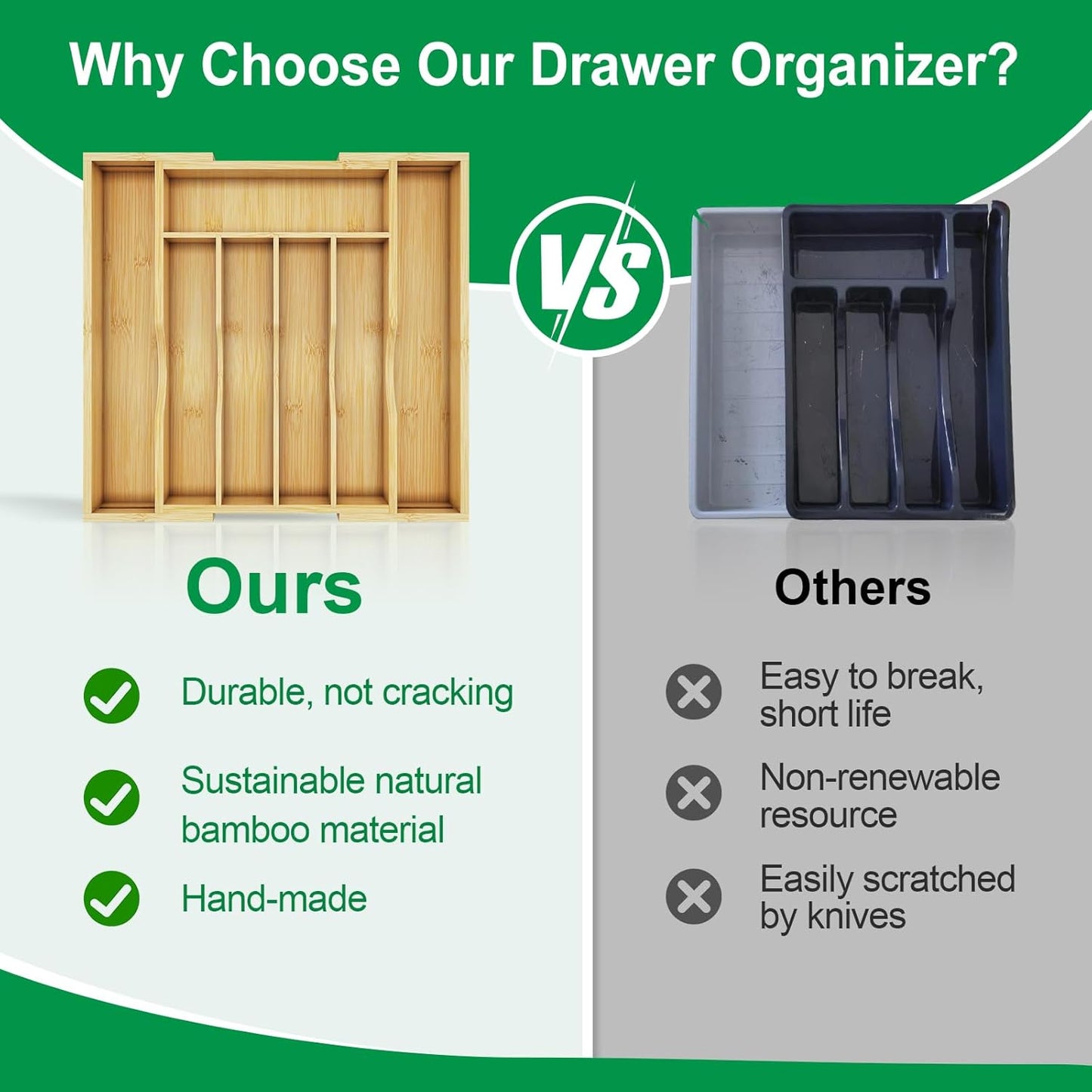 Bamboo Kitchen Drawer Organizer,Expandable Silverware Organizer,2 Pack Utensil Holder and Cutlery Tray with 7 Slots,Gadgets Storage Divider,Natural