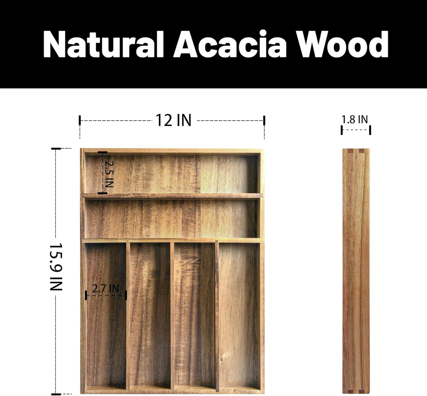 Acacia Wood Silverware Organizer, Kitchen Utensil Drawer Organizer for Forks, Knives & Spoons