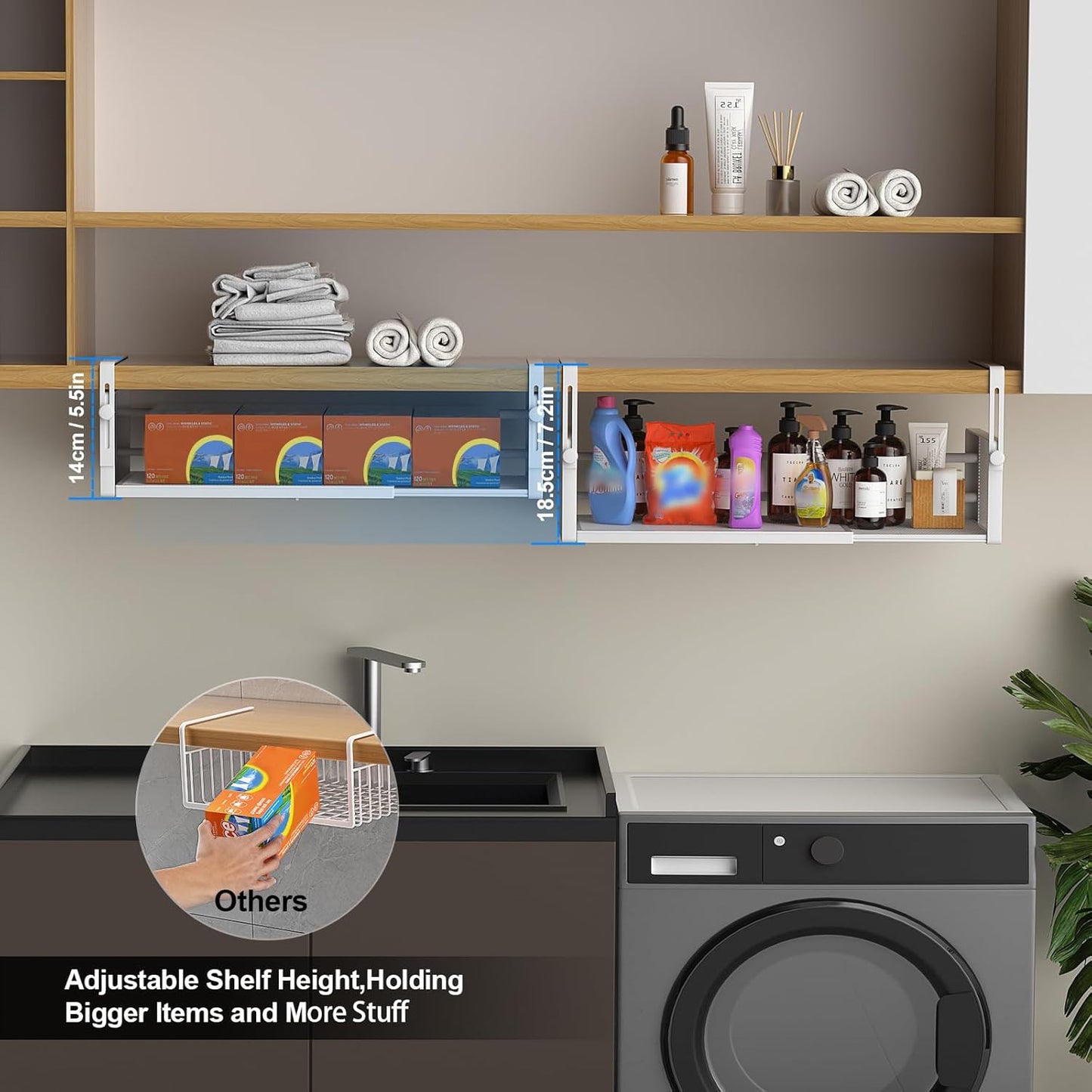 2Pack Under Shelf Basket, Adjustable Hanging Under Cabinet Shelf Storage