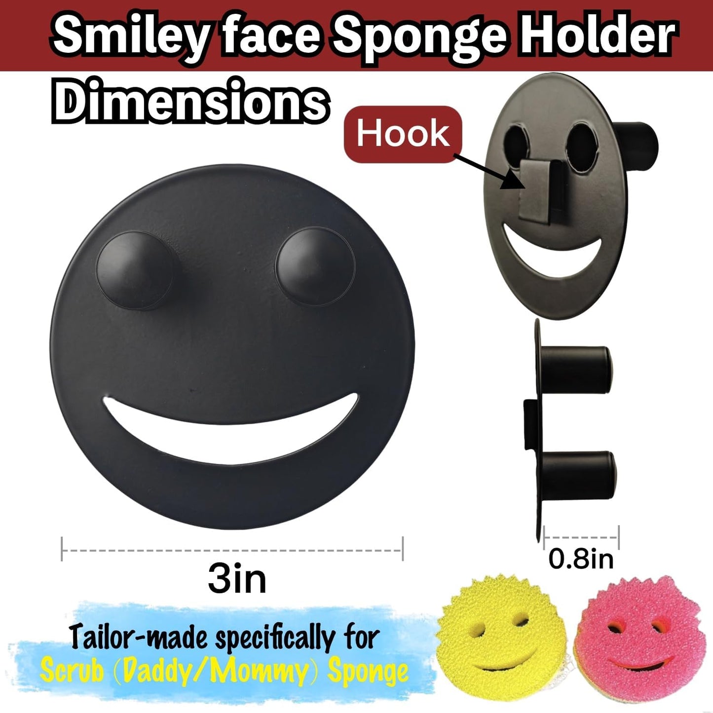 Stainless Steel Smiley Face Sponge Holder with Adhesive Hook - No Falling Risk