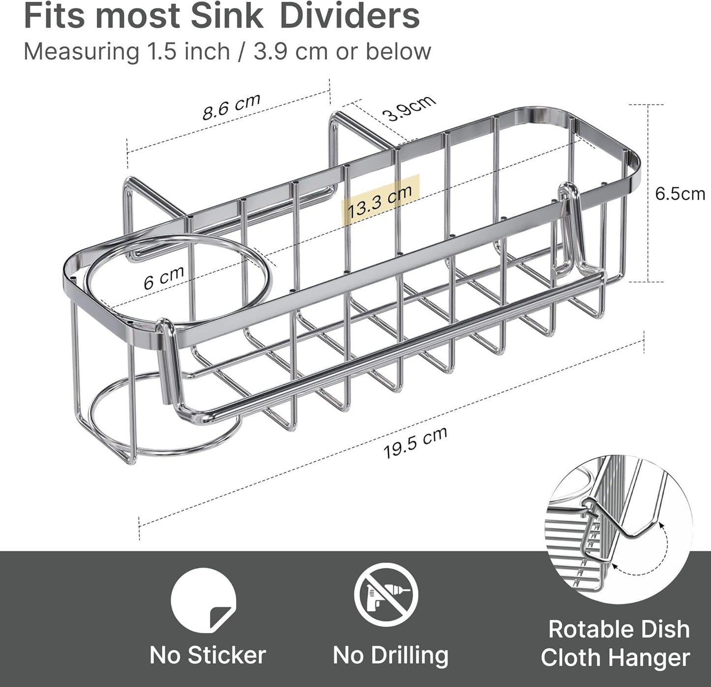 3-in-1 Sponge Holder for Kitchen Sink, Hanging Caddy for Double Bowl Sinks