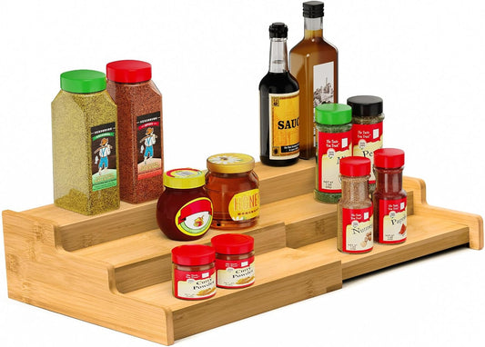 Spice Rack, 3-Tier Expandable Bamboo Spice Rack Organizer for Cabinet - Kitchen