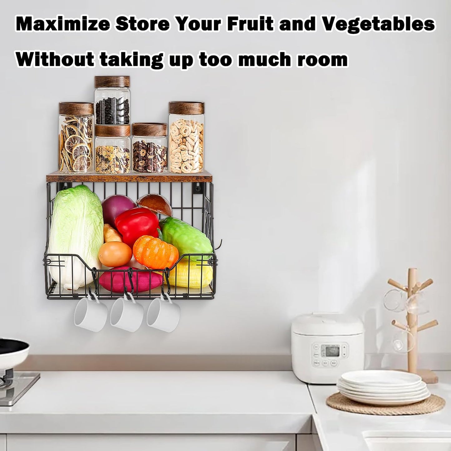 Fruit Basket for Kitchen, Metal Fruit Vegetable Storage Bin with 2 Banana Hangers