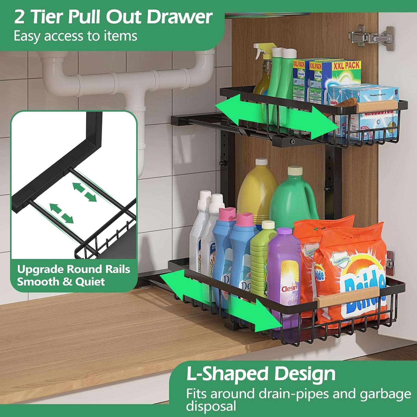 Under Sink Organizer 2 Packs, Pull Out Kitchen Sink Organizer