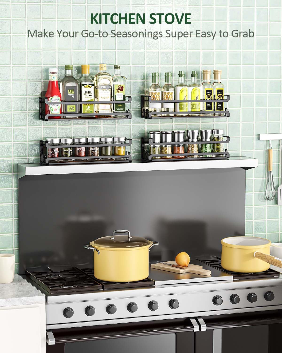 Wall Mounted Spice Rack with 16 Hooks, Rustic Wood Spice Organizer Shelf for Stove Cabinet Pantry Door,Screw or Adhesive Hanging Spice Shelf,Wall Spice Rack in Kitchen and RV,4 Pack