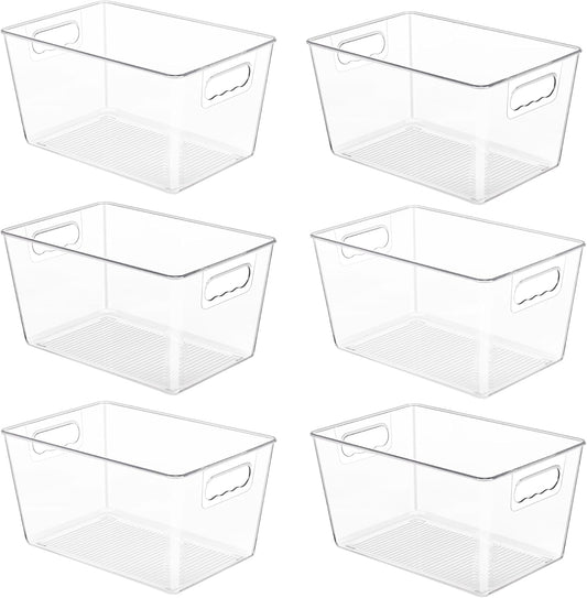 6 Pack Clear Pantry Organizer Bins, Plastic Containers with Handle for Kitchen,Freezer,Cabinet,Closet,Bathroom Under Sink Storage