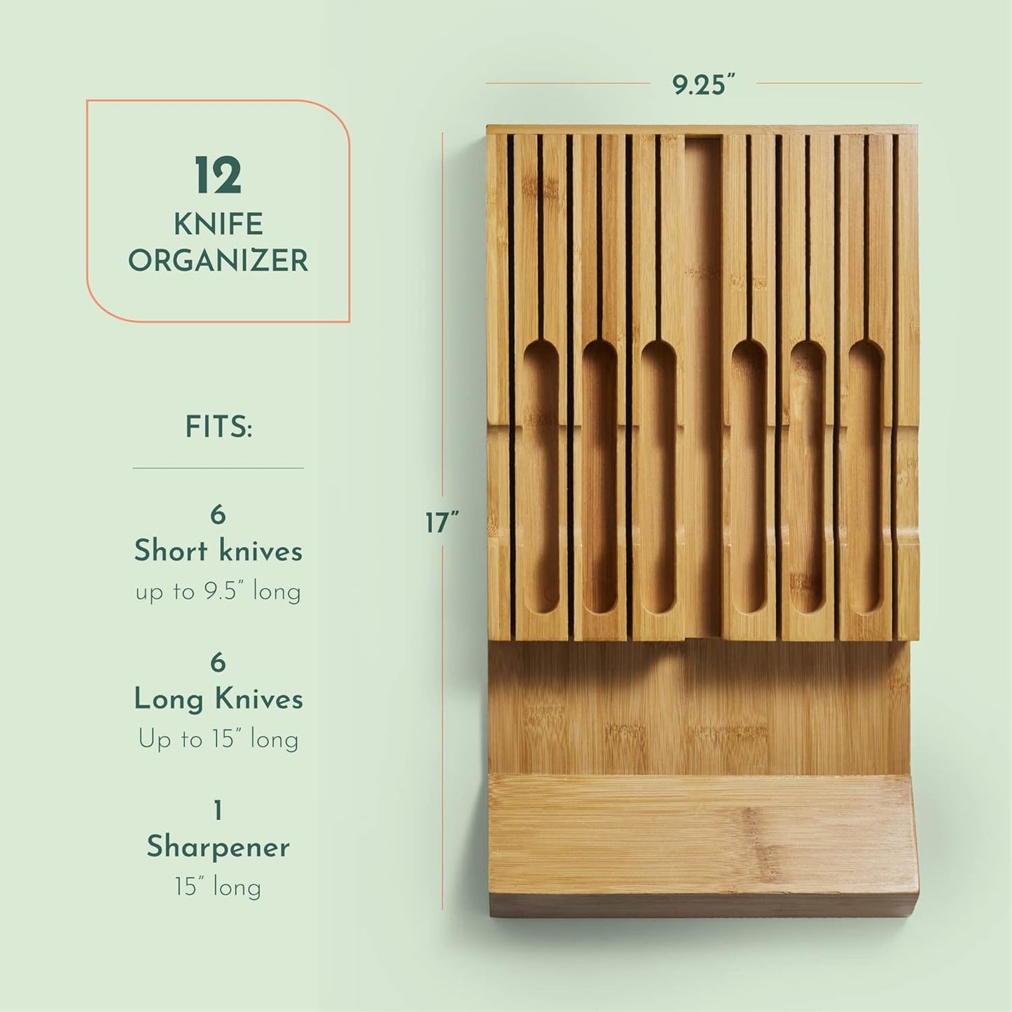 High-Grade 100% Bamboo Knife Drawer Organizer - 12 Slots Plus Sharpener, Secure, Practical